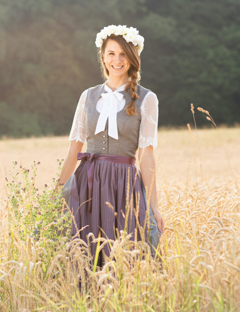 Dressforfun Dirndl Midi Traunstein Beige Argento Con Grembiule - Vestito Oktoberfest Donna, Costume Tirolese Bavarese