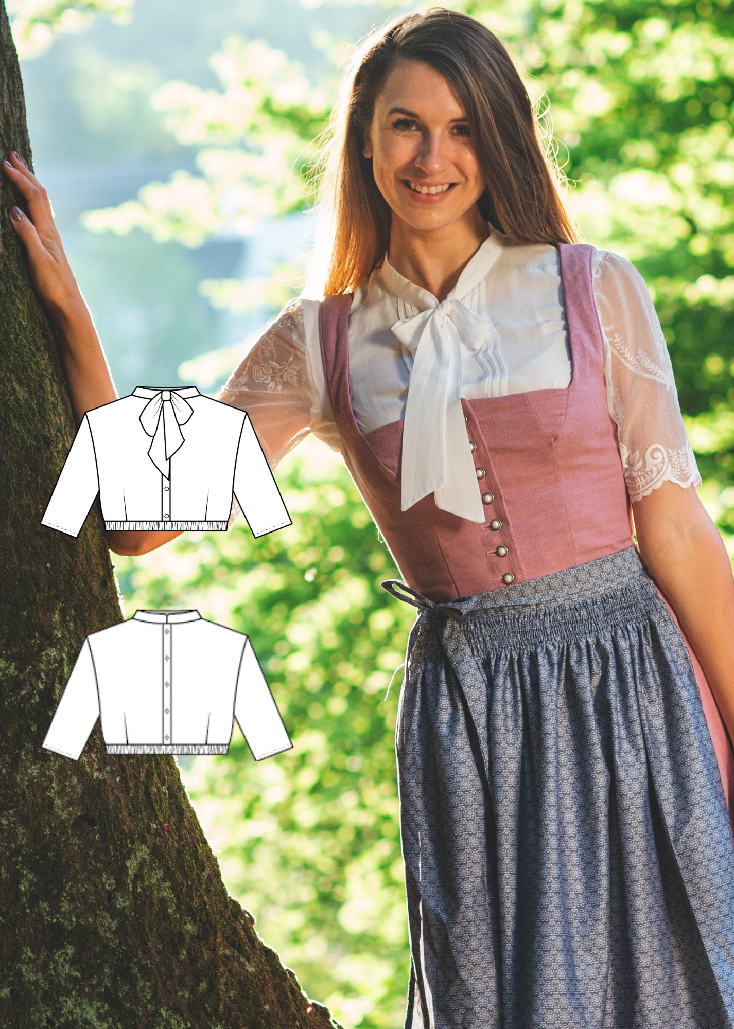 Schnittmuster Dirndlbluse mit Stehkragen und Schluppe Elegante La Bavarese